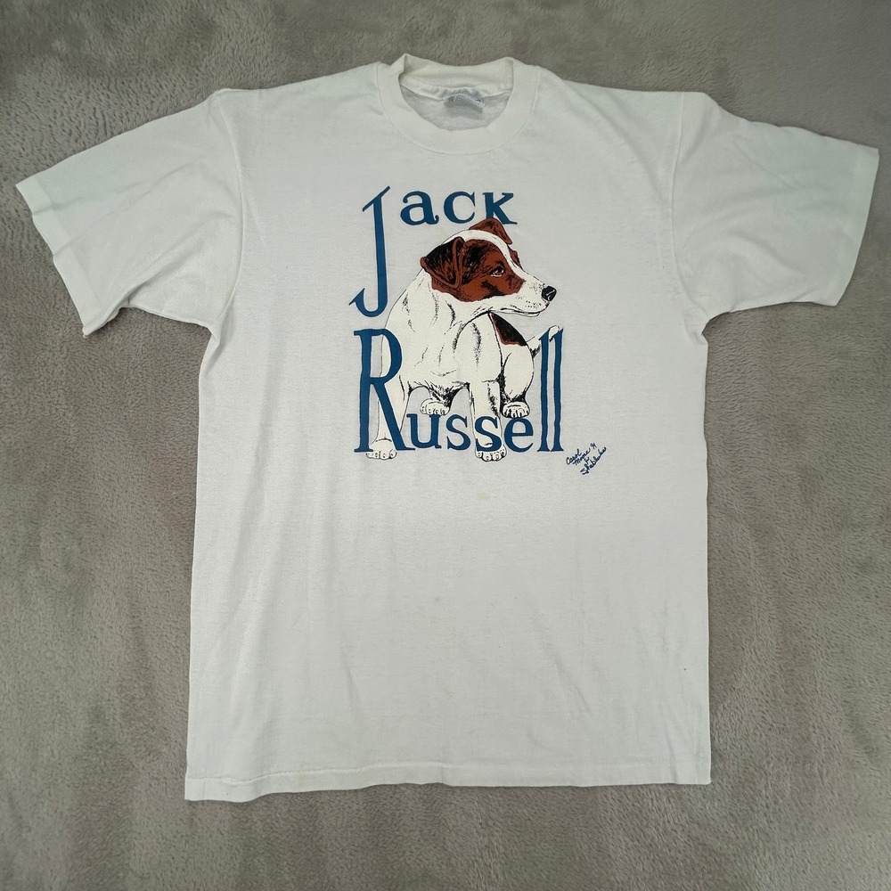Vintage Hanes Mens Jack Russell Terrier T-Shirt Large White Preowned Stains 1994